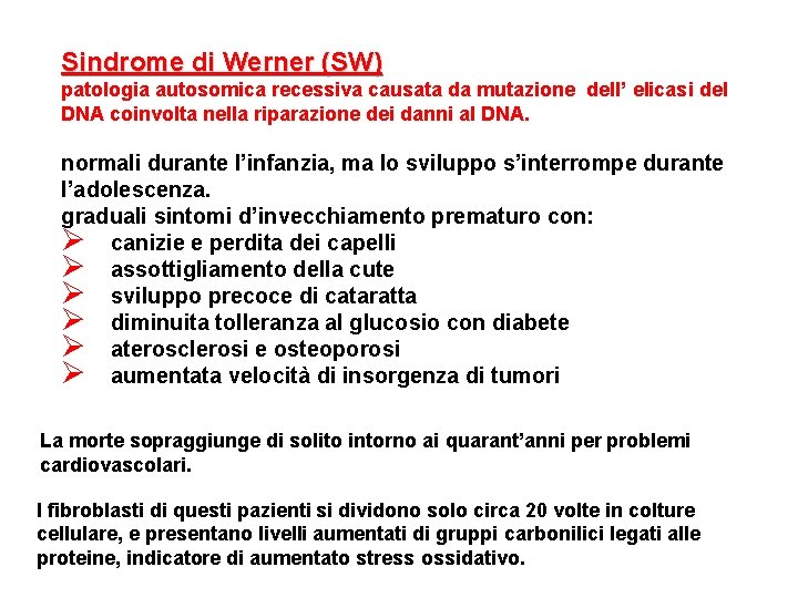 Sindrome di Werner (SW) patologia autosomica recessiva causata da mutazione dell’ elicasi del DNA