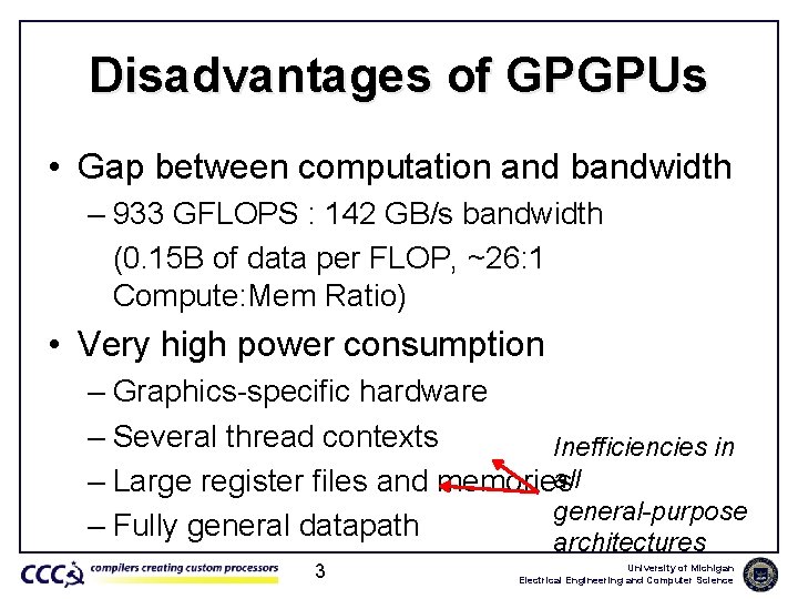 Disadvantages of GPGPUs • Gap between computation and bandwidth – 933 GFLOPS : 142