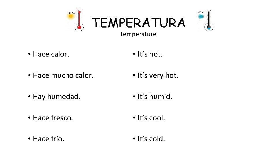 TEMPERATURA temperature • Hace calor. • It’s hot. • Hace mucho calor. • It’s