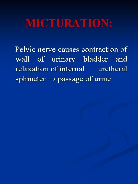 MICTURATION: Pelvic nerve causes contraction of wall of urinary bladder and relaxation of internal
