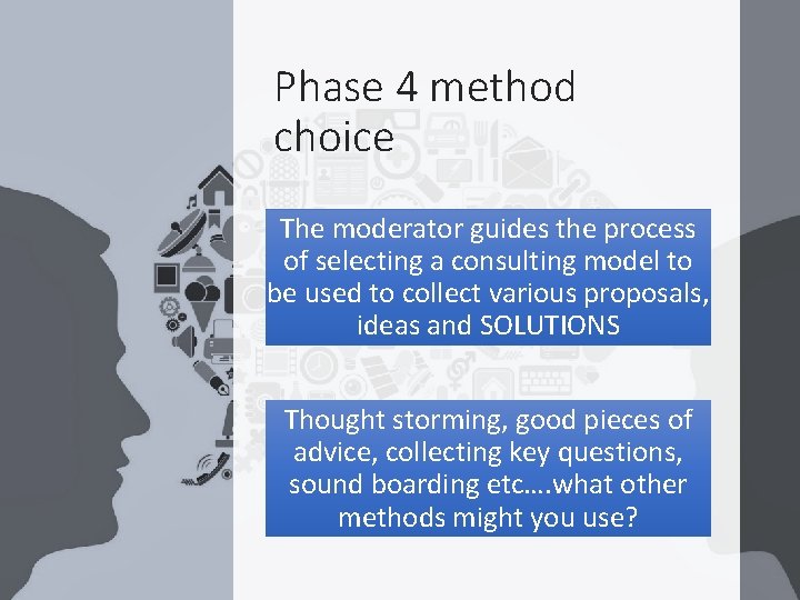 Phase 4 method choice The moderator guides the process of selecting a consulting model