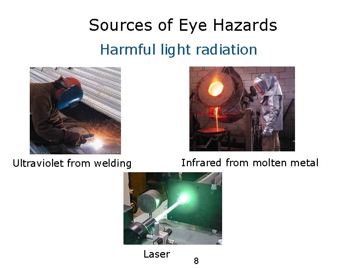 Sources of Eye Hazards Harmful light radiation Infrared from molten metal Ultraviolet from welding