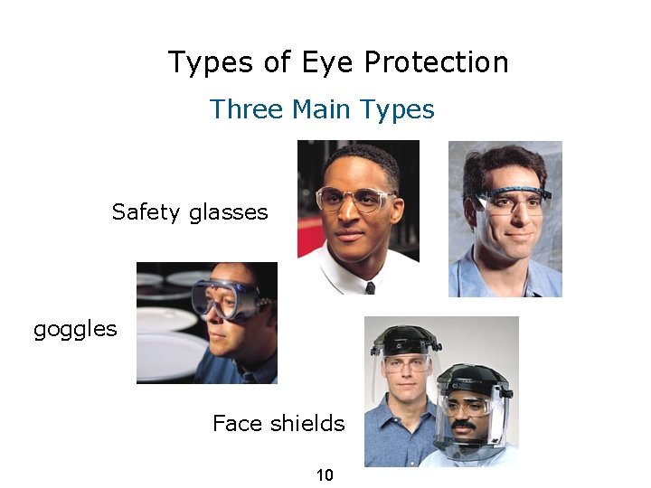 Types of Eye Protection Three Main Types Safety glasses goggles Face shields 10 
