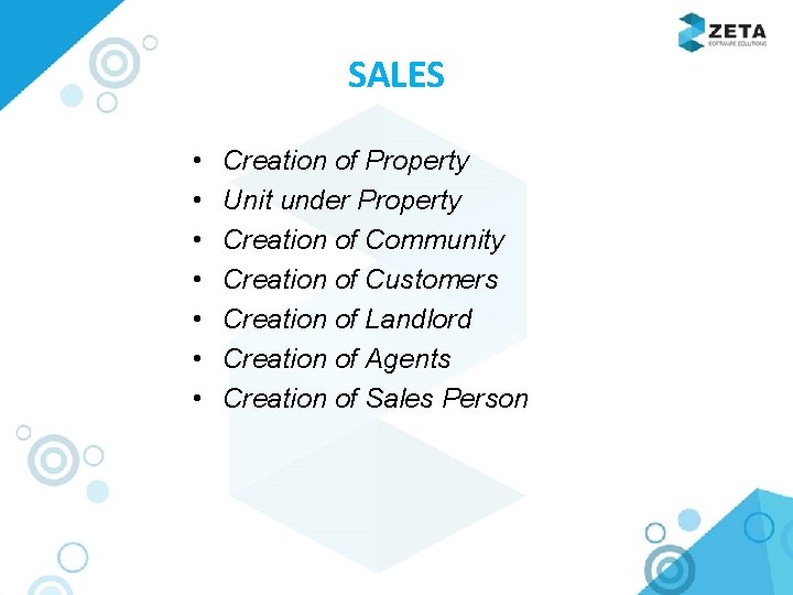 SALES • • Creation of Property Unit under Property Creation of Community Creation of