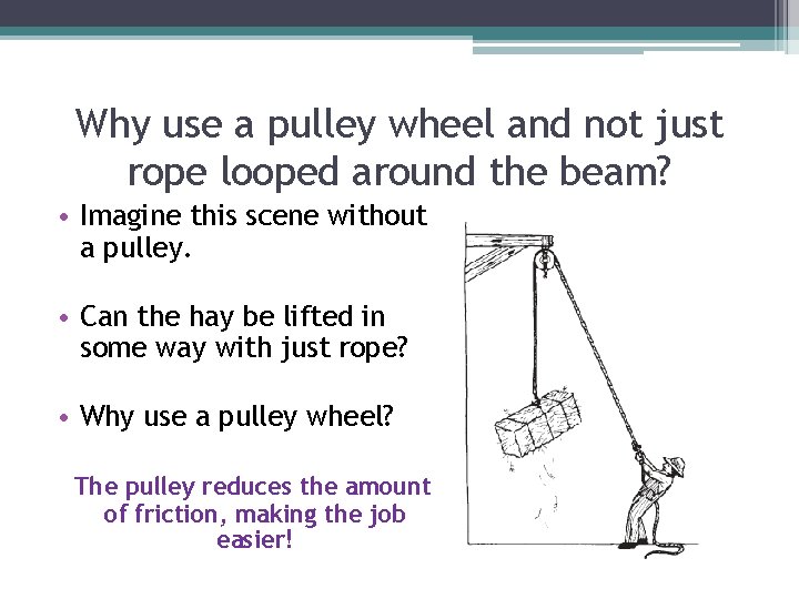 Why use a pulley wheel and not just rope looped around the beam? •