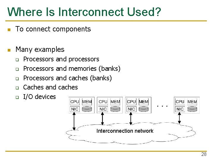 Where Is Interconnect Used? n To connect components n Many examples q q q