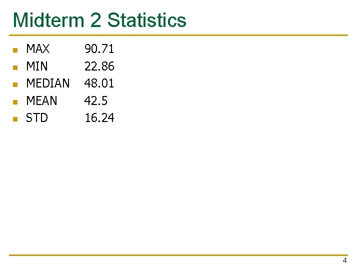 Midterm 2 Statistics n n n MAX MIN MEDIAN MEAN STD 90. 71 22.