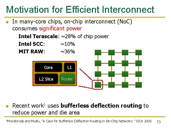 Motivation for Efficient Interconnect n In many-core chips, on-chip interconnect (No. C) consumes significant