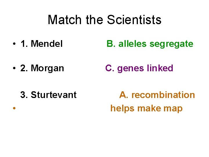 Match the Scientists • 1. Mendel B. alleles segregate • 2. Morgan C. genes