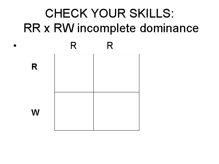 CHECK YOUR SKILLS: RR x RW incomplete dominance • R R W R 