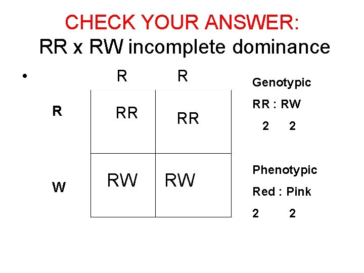 CHECK YOUR ANSWER: RR x RW incomplete dominance • R R W RR RW