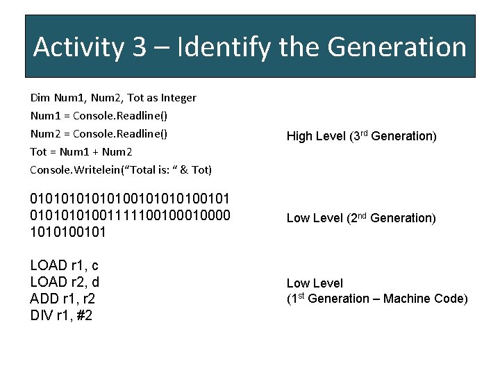 Activity 3 – Identify the Generation Dim Num 1, Num 2, Tot as Integer