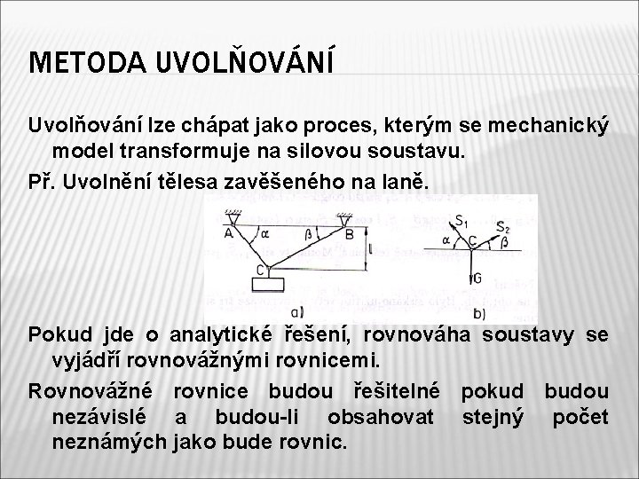 METODA UVOLŇOVÁNÍ Uvolňování lze chápat jako proces, kterým se mechanický model transformuje na silovou