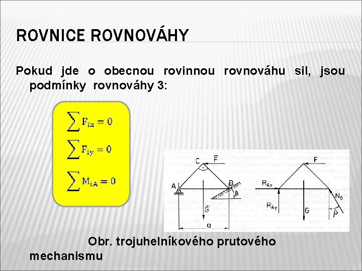 ROVNICE ROVNOVÁHY Pokud jde o obecnou rovinnou rovnováhu sil, jsou podmínky rovnováhy 3: Obr.