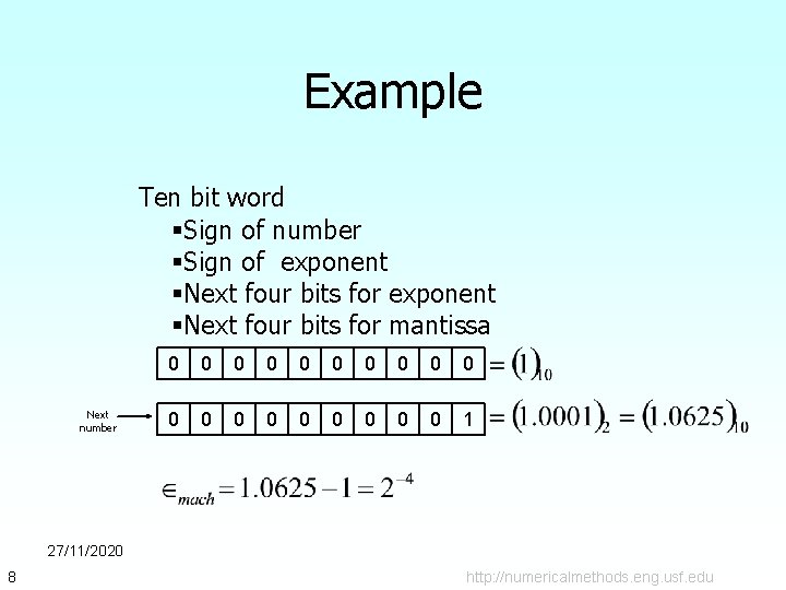 Example Ten bit word §Sign of number §Sign of exponent §Next four bits for