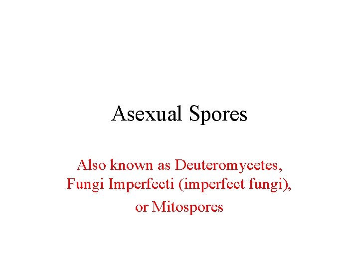 Asexual Spores Also known as Deuteromycetes, Fungi Imperfecti (imperfect fungi), or Mitospores 