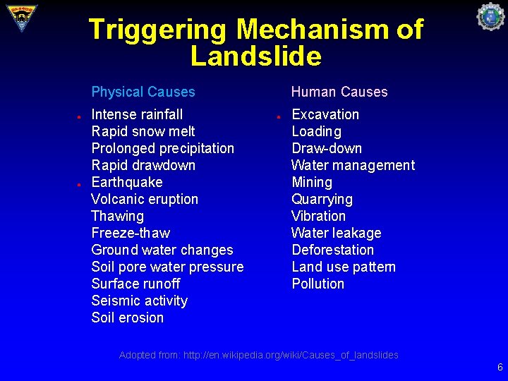 Triggering Mechanism of Landslide Physical Causes ● ● Intense rainfall Rapid snow melt Prolonged