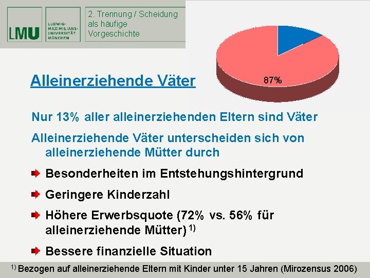 2. Trennung / Scheidung als häufige Vorgeschichte Alleinerziehende Väter 87% Nur 13% aller alleinerziehenden