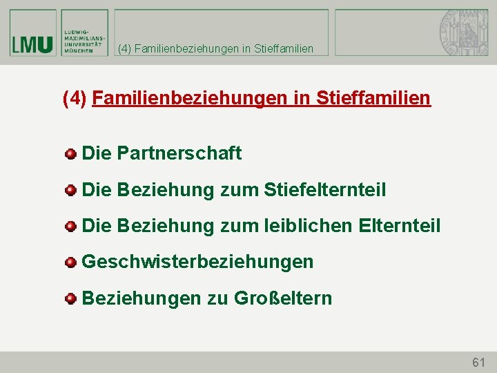 (4) Familienbeziehungen in Stieffamilien Die Partnerschaft Die Beziehung zum Stiefelternteil Die Beziehung zum leiblichen