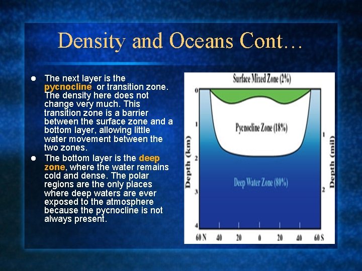 Density and Oceans Cont… The next layer is the pycnocline, or transition zone. The