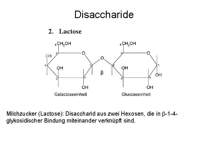 Disaccharide 2. Lactose Milchzucker (Lactose): Disaccharid aus zwei Hexosen, die in -1 -4 glykosidischer