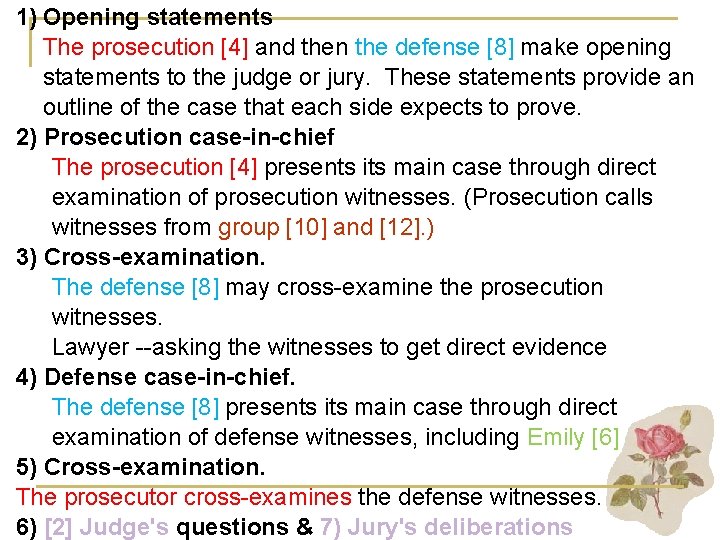 1) Opening statements The prosecution [4] and then the defense [8] make opening statements