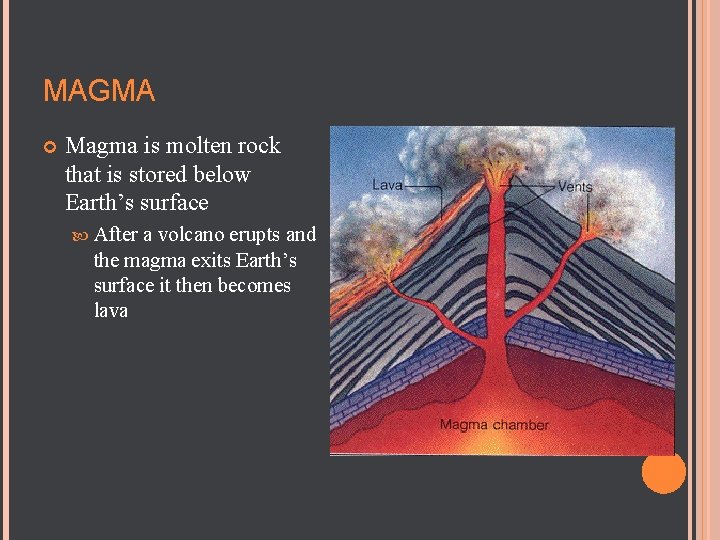 MAGMA Magma is molten rock that is stored below Earth’s surface After a volcano