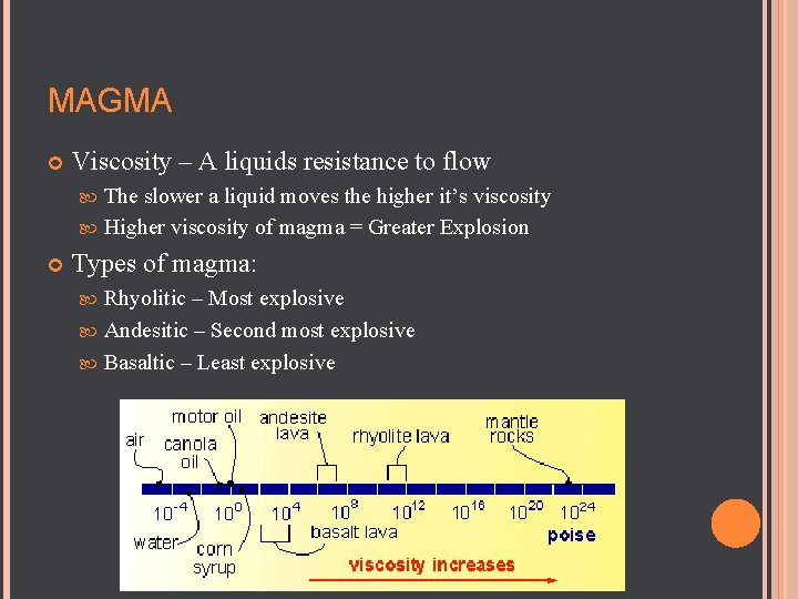 MAGMA Viscosity – A liquids resistance to flow The slower a liquid moves the