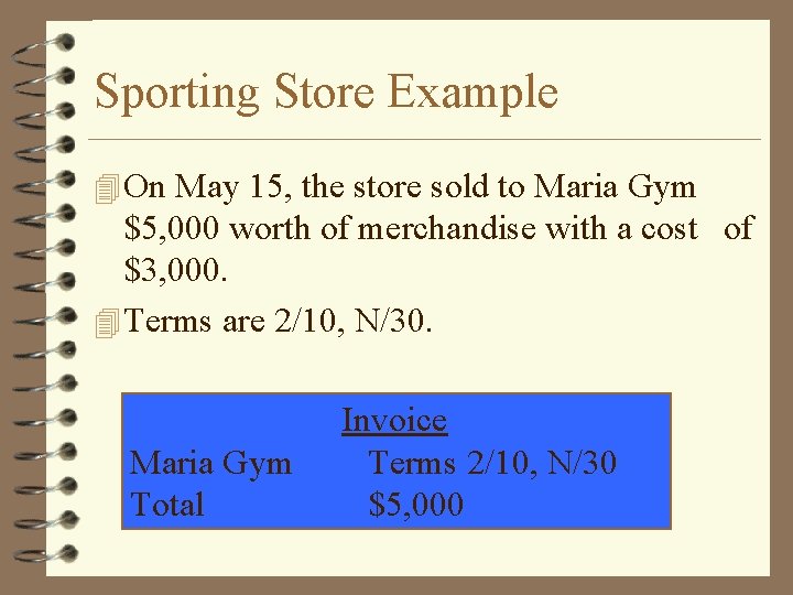 Sporting Store Example 4 On May 15, the store sold to Maria Gym $5,