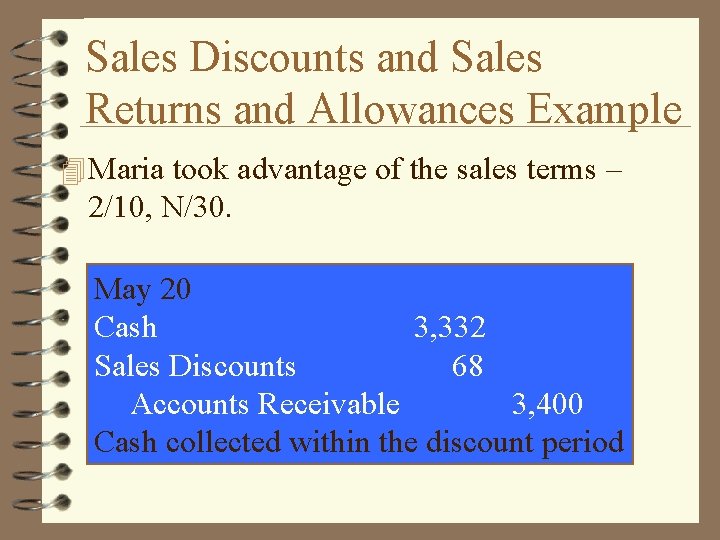 Sales Discounts and Sales Returns and Allowances Example 4 Maria took advantage of the