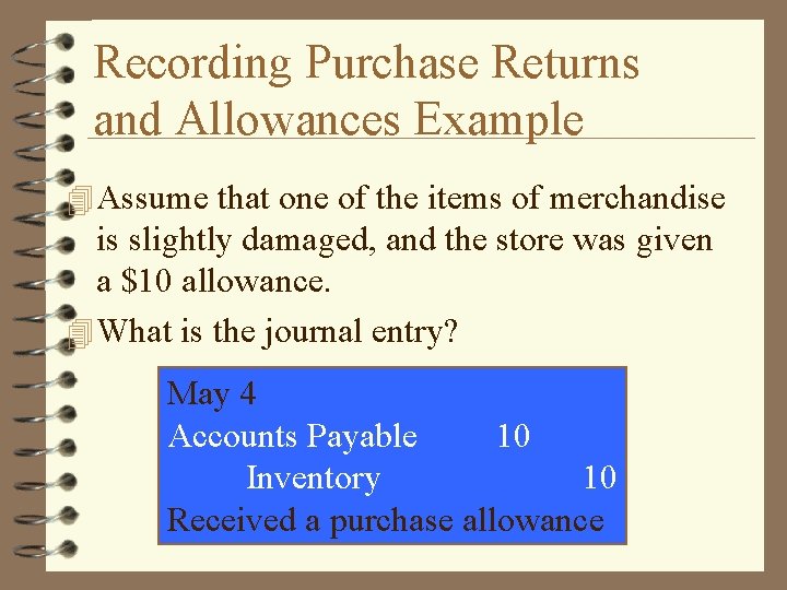 Recording Purchase Returns and Allowances Example 4 Assume that one of the items of