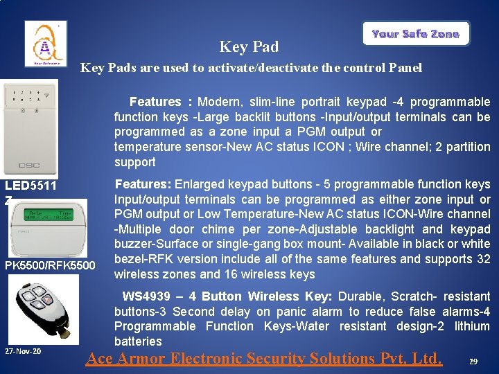 Key Pad Your Safe Zone Key Pads are used to activate/deactivate the control Panel Key Pad Your Safe Zone Key Pads are used to activate/deactivate the control Panel