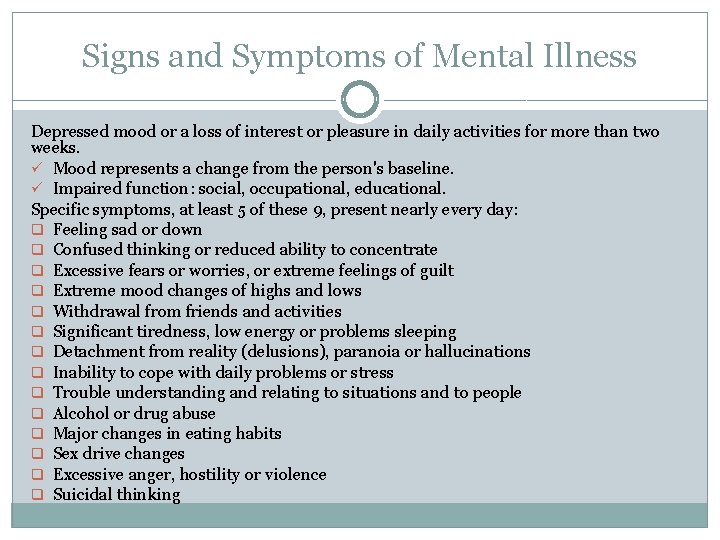 Signs and Symptoms of Mental Illness Depressed mood or a loss of interest or