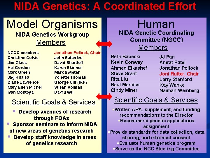 NIDA Genetics: A Coordinated Effort Model Organisms NIDA Genetics Workgroup Members NGCC members Christine