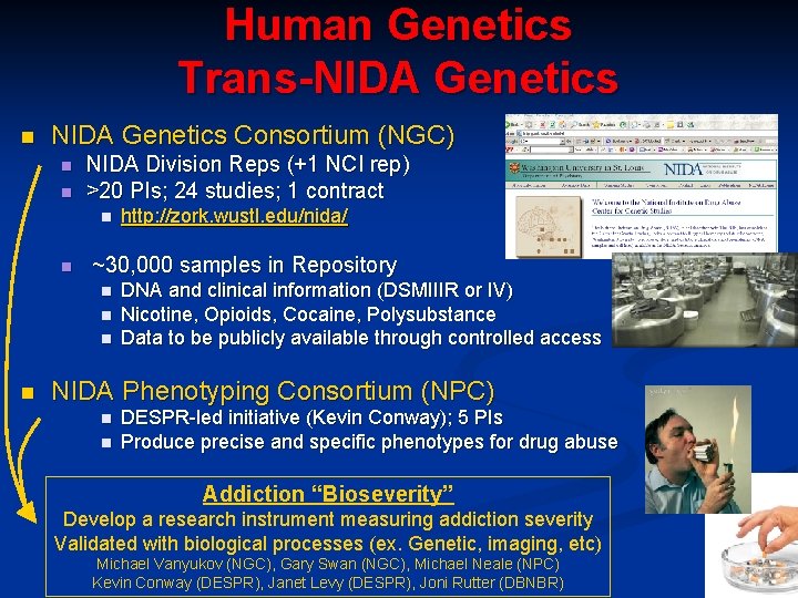 Human Genetics Trans-NIDA Genetics n NIDA Genetics Consortium (NGC) n n NIDA Division Reps