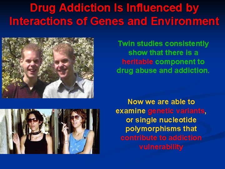 Drug Addiction Is Influenced by Interactions of Genes and Environment Twin studies consistently show