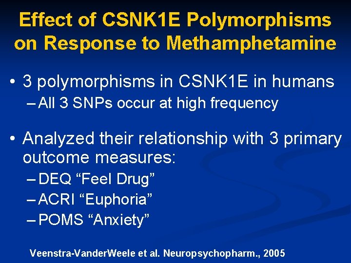 Effect of CSNK 1 E Polymorphisms on Response to Methamphetamine • 3 polymorphisms in