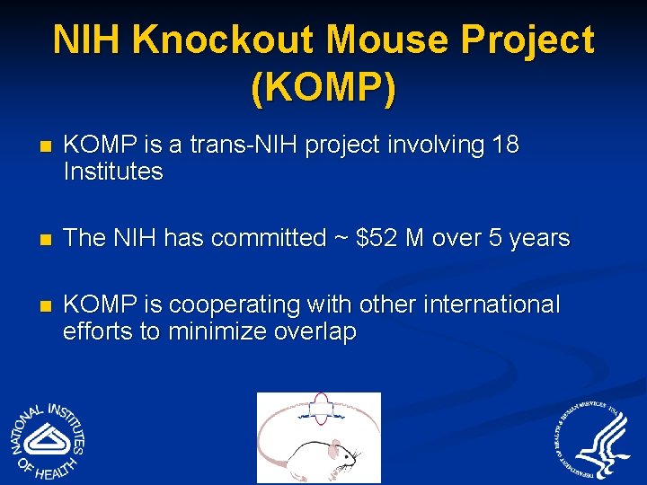 NIH Knockout Mouse Project (KOMP) n KOMP is a trans-NIH project involving 18 Institutes