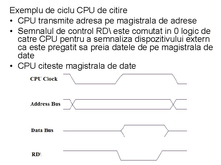 Exemplu de ciclu CPU de citire • CPU transmite adresa pe magistrala de adrese