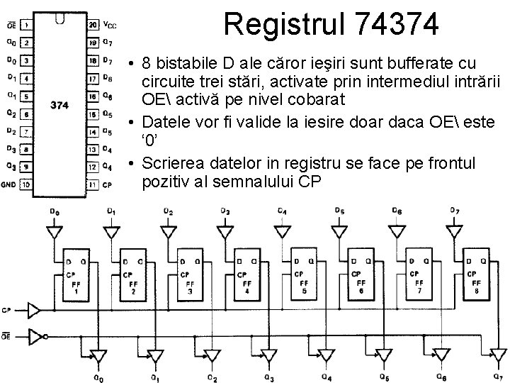 Registrul 74374 • 8 bistabile D ale căror ieşiri sunt bufferate cu circuite trei