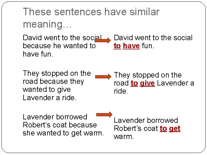 These sentences have similar meaning… David went to the social because he wanted to