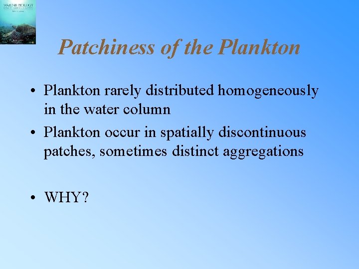 Patchiness of the Plankton • Plankton rarely distributed homogeneously in the water column •