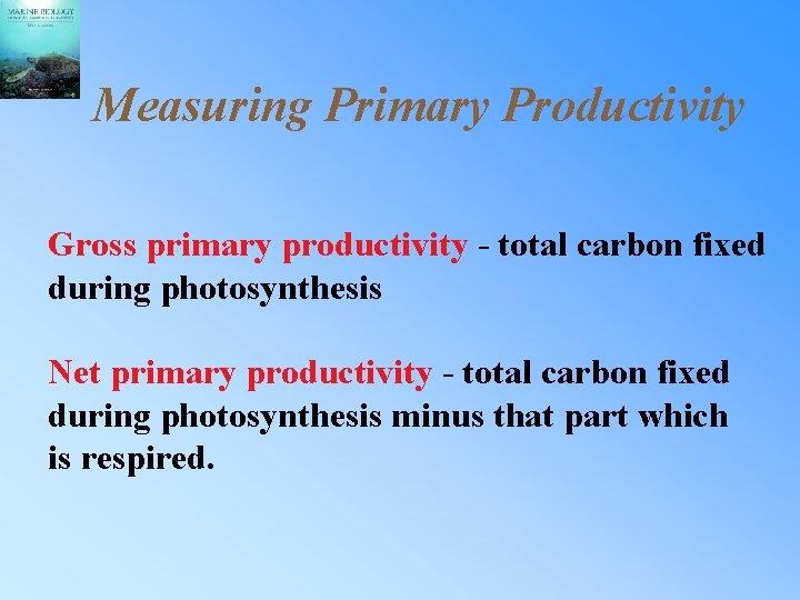 Measuring Primary Productivity Gross primary productivity - total carbon fixed during photosynthesis Net primary