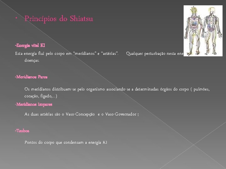  Princípios do Shiatsu -Energia vital KI Esta energia flui pelo corpo em “meridianos”