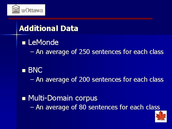 Additional Data n Le. Monde – An average of 250 sentences for each class