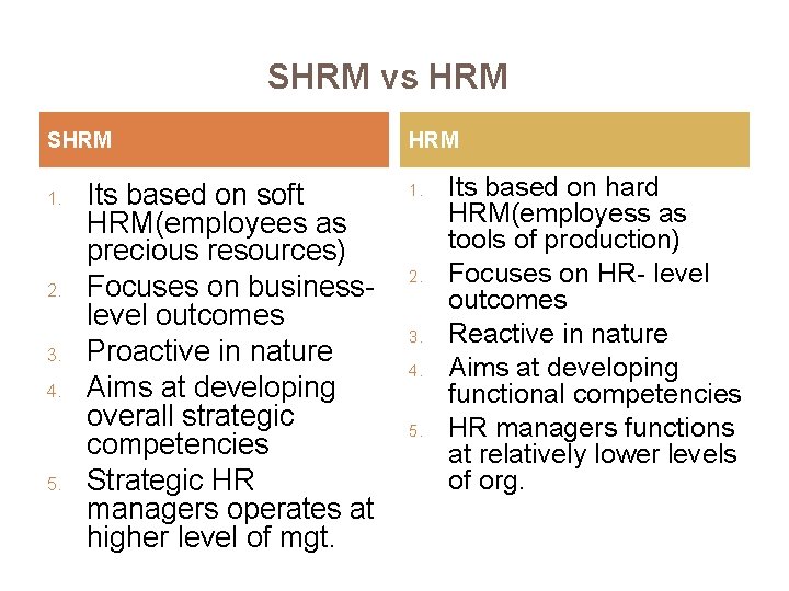 SHRM vs HRM SHRM 1. 2. 3. 4. 5. Its based on soft HRM(employees