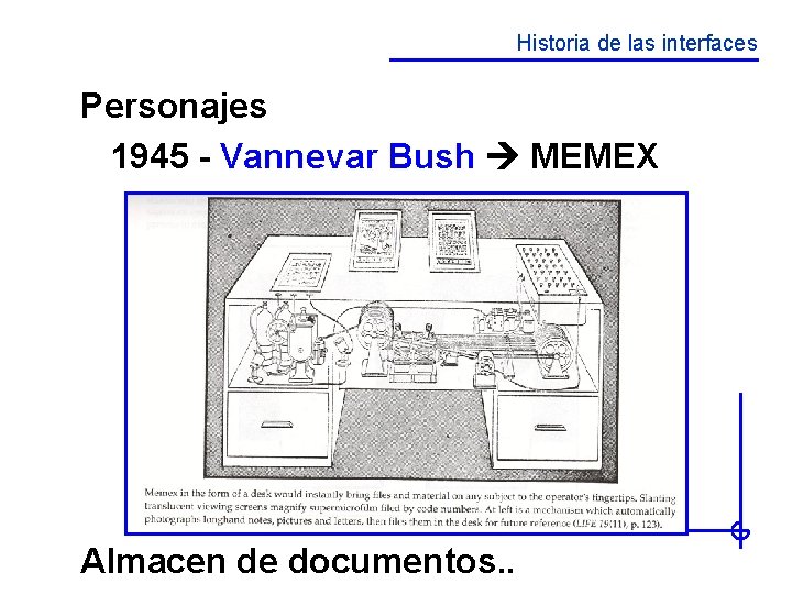 Historia de las interfaces Personajes 1945 - Vannevar Bush MEMEX Almacen de documentos. .