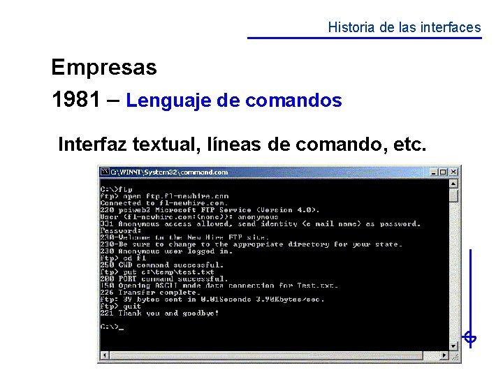 Historia de las interfaces Empresas 1981 – Lenguaje de comandos Interfaz textual, líneas de