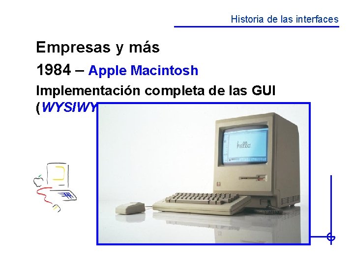 Historia de las interfaces Empresas y más 1984 – Apple Macintosh Implementación completa de