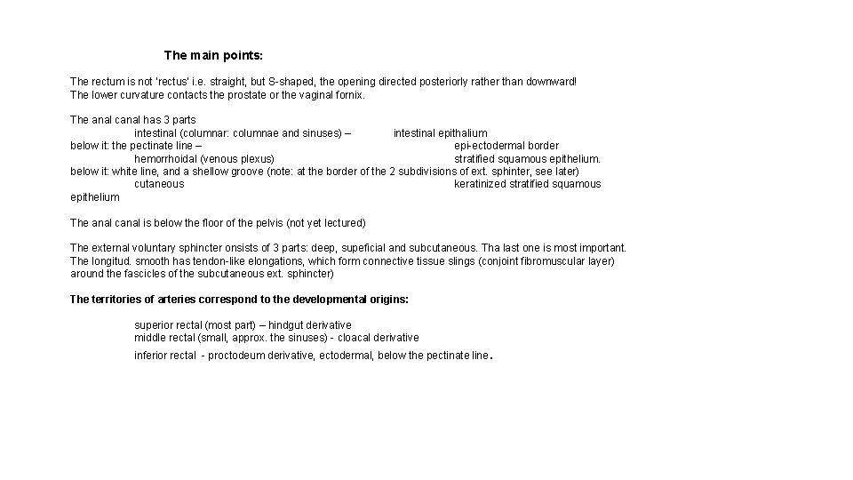 The main points: The rectum is not ’rectus’ i. e. straight, but S-shaped, the The main points: The rectum is not ’rectus’ i. e. straight, but S-shaped, the